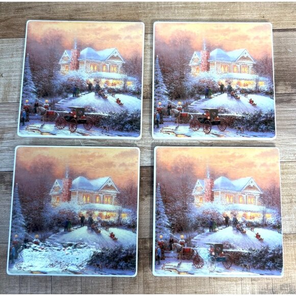 Thomas Kinkade Victorian Christmas II Ceramic Coaster Set With Metal Holder - Picture 5 of 6